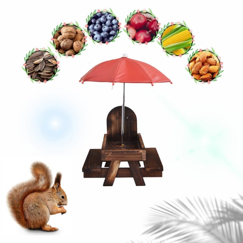 Lovgrin Squirrel Feeder, Wooden Squirrel Feeder Table with Umbrella, Squirrel