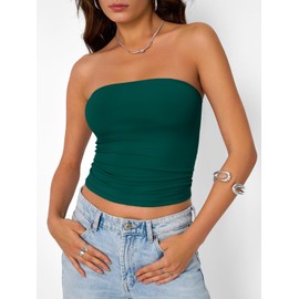 Trendy Queen Womens Strapless Tube Tops Basic Backless Sleeveless Bandeau Going Out Crop Tops Cute 2025 Summer Clothes Dark Green L