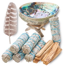 Sage Smudge Kit ~ 6 White Sage Bundles 4" ~ 6 Palo Santo Sticks 4-inch ~ Abalone Shell 5-6" & Tripod Stand ~ Instructions ~ Feather 7+ inch ~ Smudging Kit