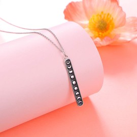 DAOCHONG S925 Sterling Silver Crescent Phases Moon Vertical Bar Pendant Necklace for Women