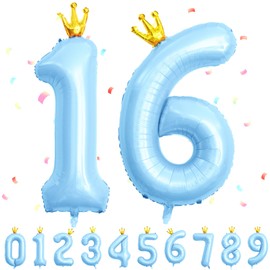 40 inch Blue 16 Number Balloons - 16 Foil Crown Balloons Giant Party Balloons 16th Birthday Wedding Bachelorette Graduation Anniversary Celebration Decoration Supplies
