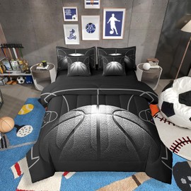 Erosebridal Basketball Comforter Set 7 Pcs Full for Kids,Sports Bed in A Bag for Boys,Basketball Court Bedding Sets for Fan,Black Ball Game Reversible Bed Sets with Sheet Set,Pillow Case for Bedroom