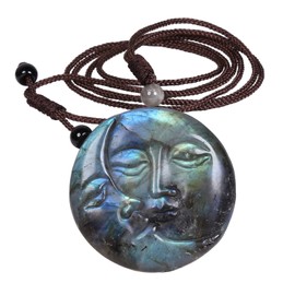 KYEYGWO Natural Labradorite Pendant Necklace with Adjustable Cord, Crystal Sun Moon Face Necklace Gothic Jewellery Gifts for Men Women