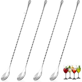 Bar Spoon, Cocktail Spoon, Long Cocktail Spoon, Long Spoon, Cocktail Mixing Spoon Made of Stainless Steel, Cocktail Stirrer for Coffee, Bar, Martinis, Cocktail Shaker (Pack of 4, Silver)