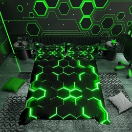 Geometric Bedding Sets Kids Boys Green Black Neon Light Hexagon Duvet Cover Single Size Honeycomb Decor with 1 Pillow Case Comforter Geometry Bedspread Cover