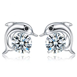 BG&WLing Sterling Silver Dolphin Stud Earrings for Women Hypoallergenic Sparkly Cubic Zirconia Studs Cute Jewelry Gifts for Animal Lovers (Dolphin)