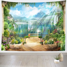 BELECO European Palace Garden Tapestry Wall Hanging 60x40 Inch Flower Garden Balcony View Swan Lake Mountain Waterfalls Scenery Tapestry Wonderland Tapestry for Living Room Bedroom Dorm Decor