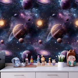 Galaxy Wallpaper Cosmic Peel and Stick - 17.3"x480" Matte Universe Planets Stars, Self-Adhesive Vinyl for Kids Bedroom, Walls, Furniture, Waterproof & Easy to Install