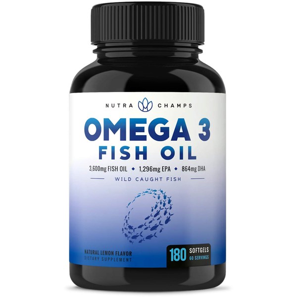 Omega 3 Fish Oil Supplements 3600mg 180 Capsules | EPA 1296mg, DHA 864mg | Burpless Fish Oil for Joint Pain, Immune Support | High Concentration Supplement for Healthier Skin, Heart, Eyes and Brain