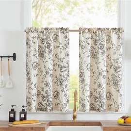 TOPICK Linen Kitchen Curtains Vintage Floral Curtains 36 Inch Botanic Print Cafe Curtains Small Half Window Curtains Rustic Translucent Short Curtains for Cupboard Bathroom 2 Panels Black on Beige