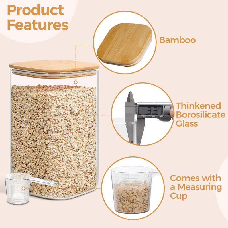 ComSaf Glass Pantry Storage Containers, 156/51 oz Large Square Flour