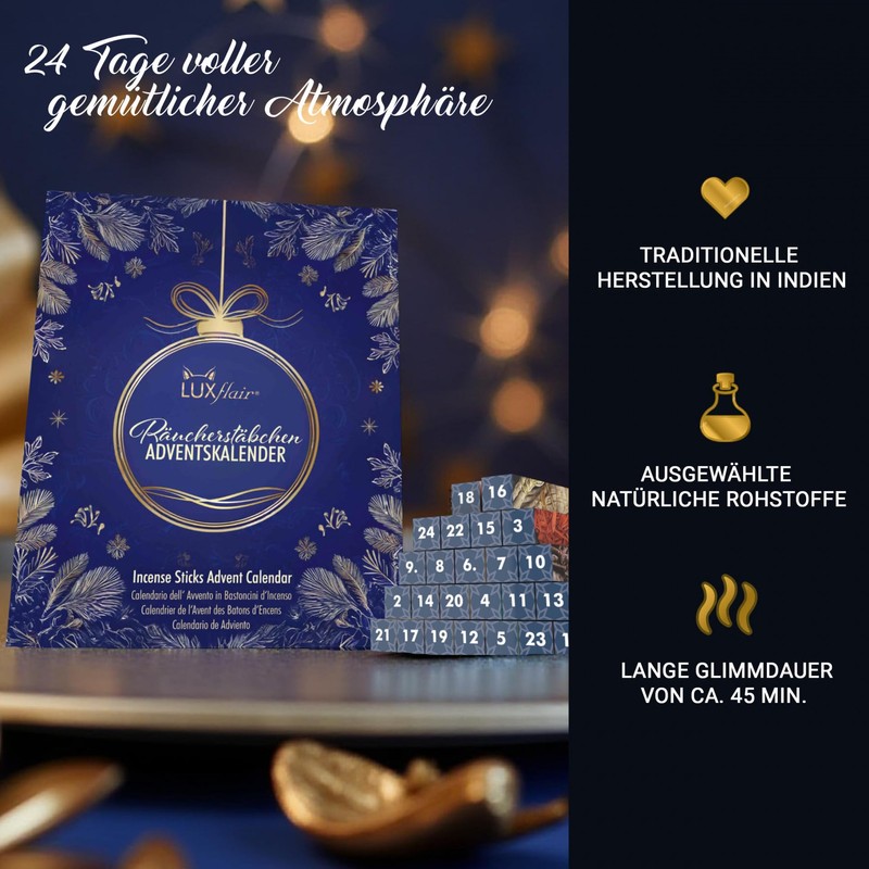Luxflair Adventskalender für Räucherstäbchen - 48 Stäbchen, 24 winterliche Düfte,