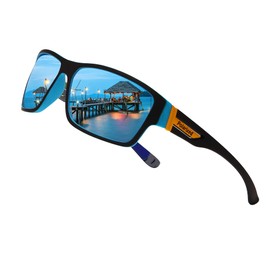 Long Keeper Polarised Sport Sunglasses Lightweight Mens Womens Driving Sunglasses for Running Fishing Golf Cycling Wrap Around Square Sun Glasses Anti UV400 (Black Blue Frame - Mirrored Blue Lens)