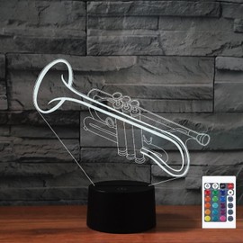 FLRXHK Trumpet 3D Illusion Night Light Touch Table Desk Lamp with Remote Control 16 Colors Optical USB LED Night Light for Kids Gift Room Decoration
