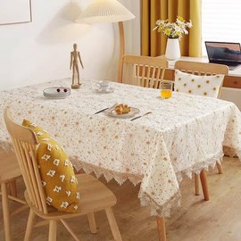 Violet Linen Dainty Roses Floral Embroidery Mesh Lace, Macrame Lace Border Pattern, Polyester Embroidered, Ivory, 70 Inch by 120 Inch, Seats 10 to 12 People, Rectangle Tablecloths