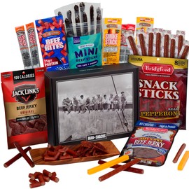 ManSnacks Jerky Gift Basket for Men - 29 pc - Large Variety of Beef Jerky, Jerky Bites, Beef Sticks, Pepperoni Sticks, Turkey Sticks & Cheese Sticks, in a Manly Gift Box | Unique Gift for Jerky Lovers