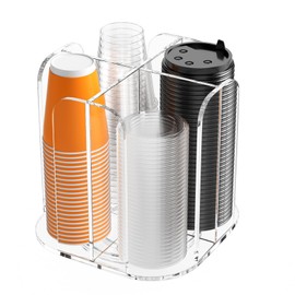 Beego Coffee Cup Holder Organizer - Rotatable 4 Compartments Clear Acrylic Cup Dispenser Coffee Station Cup and Lid Carousel Countertop Plastic Cup Holder Restaurant Breakroom Coffee Bar Accessories