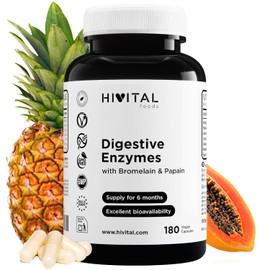 Digestive Enzymes. 180 Vegan Capsules for a 6 Month Cure. Amylase, Protease, Lactase, Lipase, Cellulase, Bromelain and Papain. Made by HIVITAL