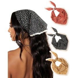 AWAYTR 3Pcs Hair Bandanas Head Kerchief for Women Girls Tie-Back Boho Hair Scarf Headband Bandana Triangle Head Scarf (Floral - Red/Black/Yellow)