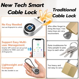 Fingerprint Cable Lock, eLinkSmart Fridge Locks with Bluetooth APP Control, Biometric Smart Padlock for Adults Baby Proof Cabinet Refrigerator French Door Cabinet Gate Locker Bike, 8.6'' Long Silver