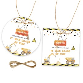 50pcs Construction Thank You Tags, Excavator Gift Tag with String for First Birthday Party, Dump Truck Round Thank You Paper Tags for Boy Birthday/Gender Reveal Party Favors