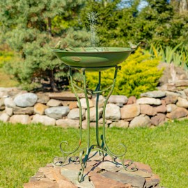 Zaer Ltd. Deep Well Made Metal Birdbath with 2 Cast Iron Birds and Leaf Decoration (Bronze)