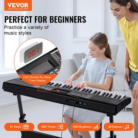VEVOR 61 Key Digital Keyboard Piano, Lighted Keys, Electric Portable Piano with Adjustable Stand 600 Tones 500 Rhythms Built-In Speakers Sustain Pedal Headphones Microphone, USB MIDI for Beginners