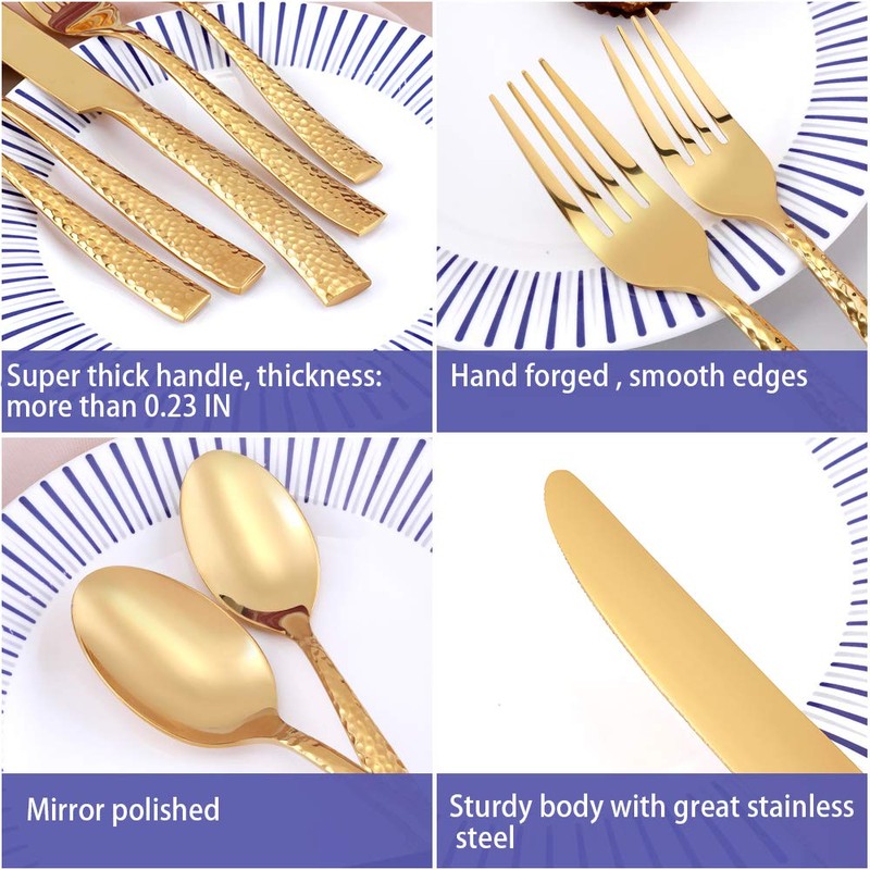 Kelenfer Silverware Set Flatware Set Gold Hammered Handle Cutlery Set