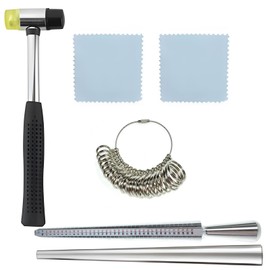 Voittozege 6 Pcs Metal Ring Mandrel Sizer Set with Metal Finger Sizing Measuring Stick and Ring Sizer Guage of 27 Pcs Circle Models Jewelry Sizer Tool and Rubber Jewelers Hammer