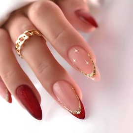 Red Press on Nails Almond Fake Nails Medium Shape Acrylic Nails French Tip False Nails with Gold Glitter Design Full Cover Glossy Artificial Nails Glue on Nails Stick on Nails for Women 24 PCS