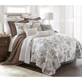 Levtex home - Pisa Quilt Set -Twin Quilt + One Standard Pillow Sham - Floral Contemporary Peacock - Grey and Taupe - Quilt Size (68x86in.) and Pillow Sham Size (26x20in.) - Reversible - Cotton