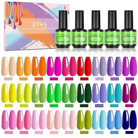 NAILMASHA 32 Pcs Semi-Permanent Nail Polish, 27 Popular Summer Colors, UV LED Nail Kit with Base, Shiny and Matte Top Coat and Cat's Eye Gel Polish and Nail Polish Remover, 15ML