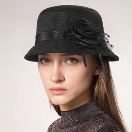Initlove Womens Cloche Hats Vintage Bowler Hat Floral Bucket Hat for Wedding Party Black