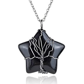 Tegembur Tree of Life Wire Wrapped Crystal Star Pendant Necklace Black Obsidian Healing Reiki Stone Necklaces Jewelry for Women