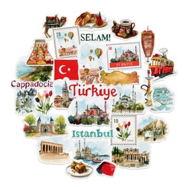 Navy Peony Turkey Travel Stickers (Pack of 31) - Watercolour, Waterproof, Country Specific | Iconic Holiday Stickers for Notebooks, Scrapbooks, Water Bottles, Suitcases