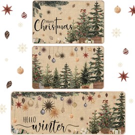 Drydiet 3 Pcs Christmas Kitchen Rug Beige Merry Christmas Kitchen Mats for Floor Non Slip Xmas Tree Floor Mat Waterproof Farmhouse Winter Doormat Neutral Xmas Decor for Home Office Bathroom Party
