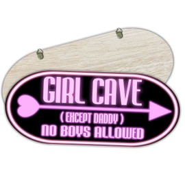 Girl Cave Except Daddy No Boys Allowed - 11.8"X 5" Oval Wooden Hanging Sign With Hooks, Retro Glow Neon Door Art Sign, Housewarming Gift For Women, Girls, Home & Office Wall Decor & Accessories - C11