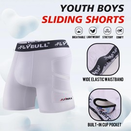 FLYBULL Boys Sliding Shorts Youth Padded Slider with Soft Protective Athletic Cup for Baseball, Football, Lacrosse, Hockey White