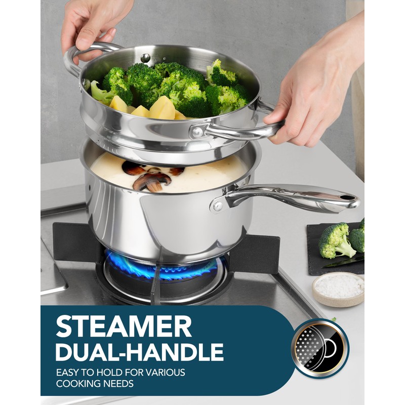MICHELANGELO Stainless Steel Saucepans with Steamer 5Pcs, 18/10 Saucepan Set