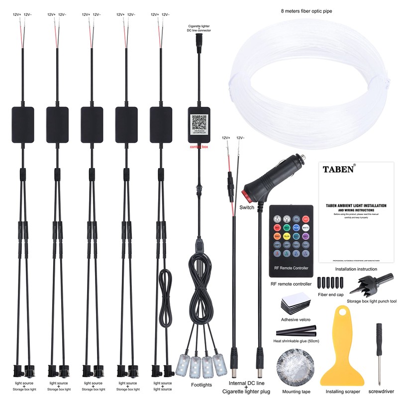 TABEN Car Ambient Light Kit, 8 Metres Integrated Fibre Optic