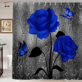 Namdeva - Cortina de ducha de color azul real, cortina de ducha floral, gotas de lluvia, flores florecientes, mariposas, día de San Valentín, decoración moderna de baño, tela impermeable, cortina de