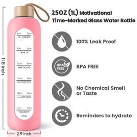 PROBTTL 25 oz Glass Water Bottles - Time Marker Motivational Borosilicate Glass Water Bottle With Silicone Sleeve and Bamboo Lid, Leak Proof, Reusable, BPA Free (Pink)