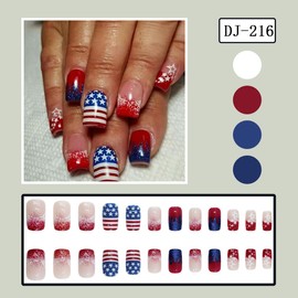 Mkwntg 24Pcs Independence Day Press on Nails Short Square Fake Nails with American Flag Design 4th of July False Nails Silver Glitter Stick on Nails White Red French Tip Glue on Nails for Women Decor
