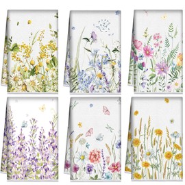 Redbaker Redbaker 6 Pcs Spring Floral Kitchen Towels Wildflower Print Dish Towels for Kitchen Absorbent Flower Butterfly Hand Dishcloths Decorative Set for Bathroom Housewarming Gift(Classic Color,Flower)