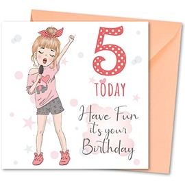 Birthday Card for Girl Age 5. Girls Birthday Card with Matching Envelope. Singing Girl design. Card size 148x148mm. Eco-friendly. Message inside. Printed and Packed in UK.