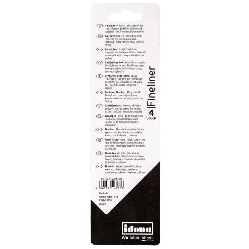 Idena 516186 Fineliner Pens Width 0.4 mm Pack of 4
