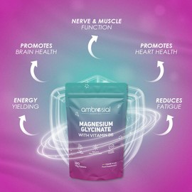 Ambrosial Magnesium Glycinate with Vitamin B6 – High Strength Formula – Non-GMO, Gluten Free, Letterbox-Friendly Pouch - Made in UK – 120 Vegan Tablets