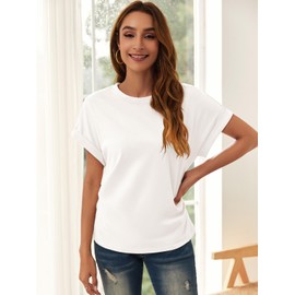 GeGekoko Women Short Sleeve Tshirts Crew Neck Basic Cotton Draped Tee Summer Ruched Side Top S-1L White