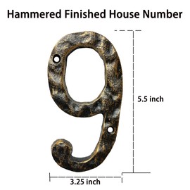 5.5 Inch Cast Iron House Numbers - Hammered Finish Mailbox Numbers - Metal Address Plaque Numerals - Weatherproof, Easy to Install, Soild Home Decor/Number 9