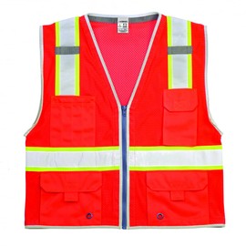 Kishigo Unisex High Visibility Reflective Premium Brilliant Series Heavy Duty Vest 1710, Zipper Closure, Polyester, ANSI 107 Type R/Class 2, Construction, Roadwork, Utility (Fluorescent Red, L)